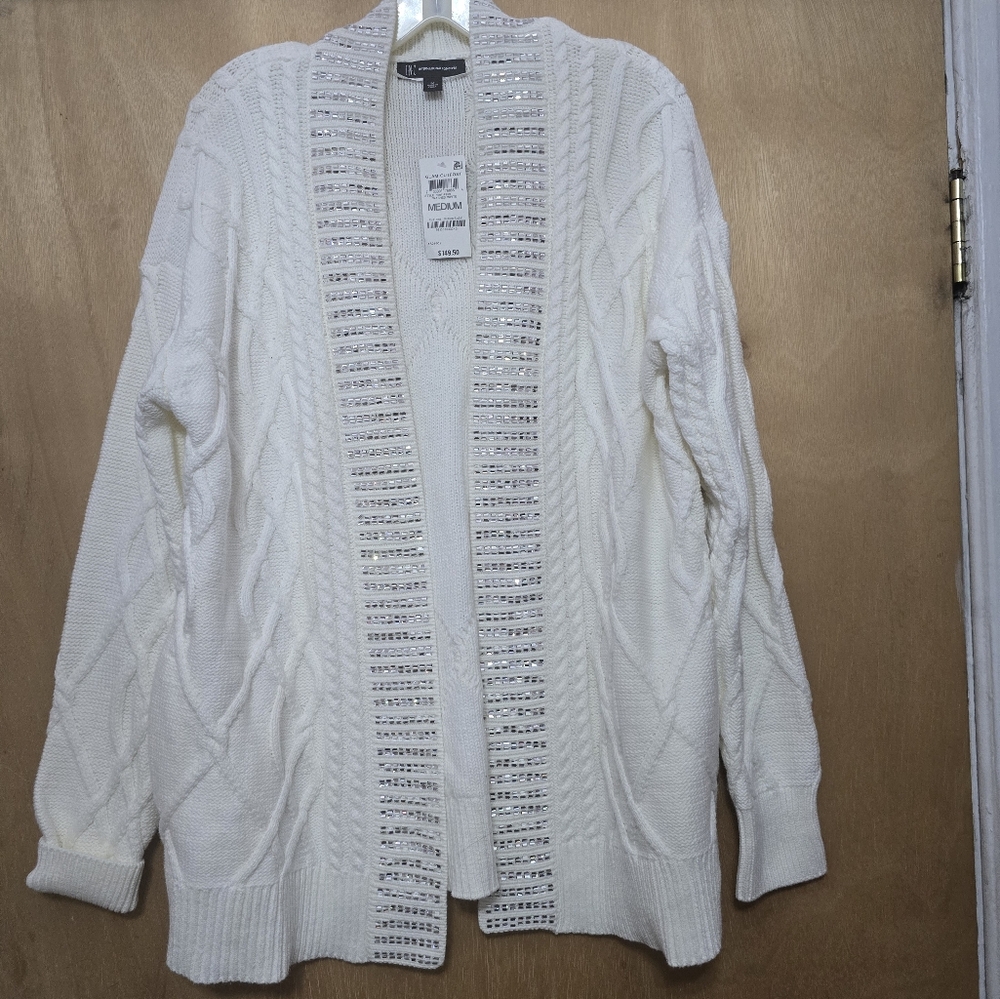 INC Concept Elegant Off White Sweater with Embellished Rhinestone Trim